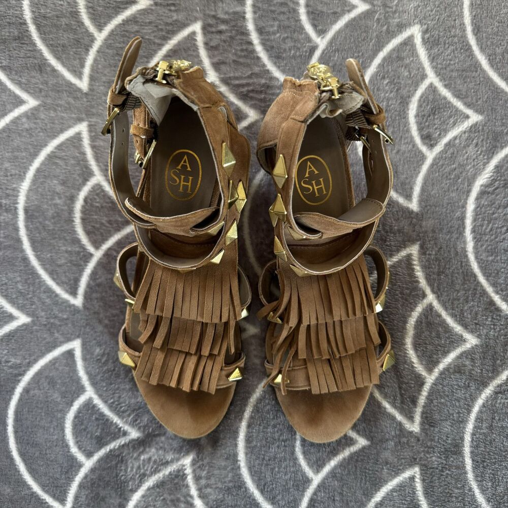 ASH Brown Suede Fringe Studded Leather Gladiator Studded Sandal Heels Sz 36 - Picture 4 of 16